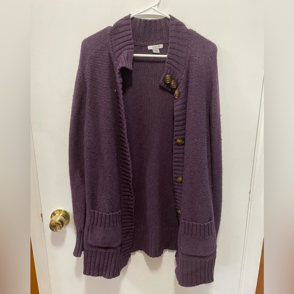 Carhartt XL purple sweater cardigan, buttons and pockets